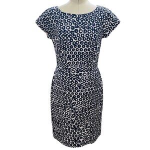 J.Crew Pencil Dress Sheath Women‎ Size 4 Ivory Navy Circles Lined Knee L *FLAW